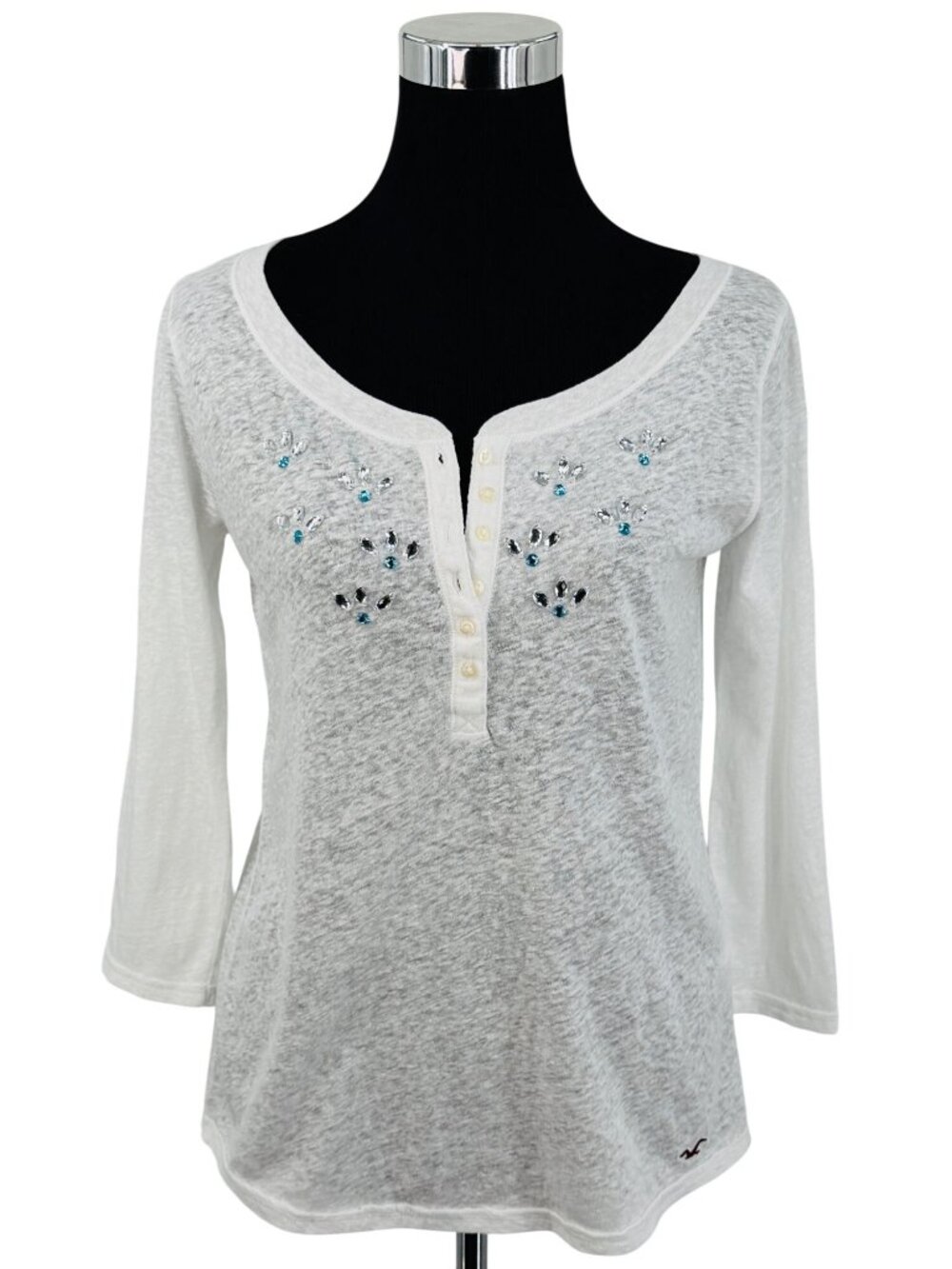 VTG NWT Hollister White Gemstone Burnout Henley Top S| Grunge Sleaze McBling Y2K